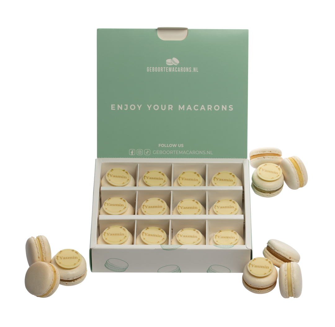 Geboorte macarons wit/ beige met Naam - 12 stuks GeboorteMacarons