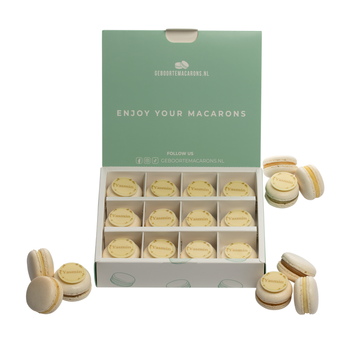 Geboorte macarons wit/ beige met Naam - 12 stuks GeboorteMacarons