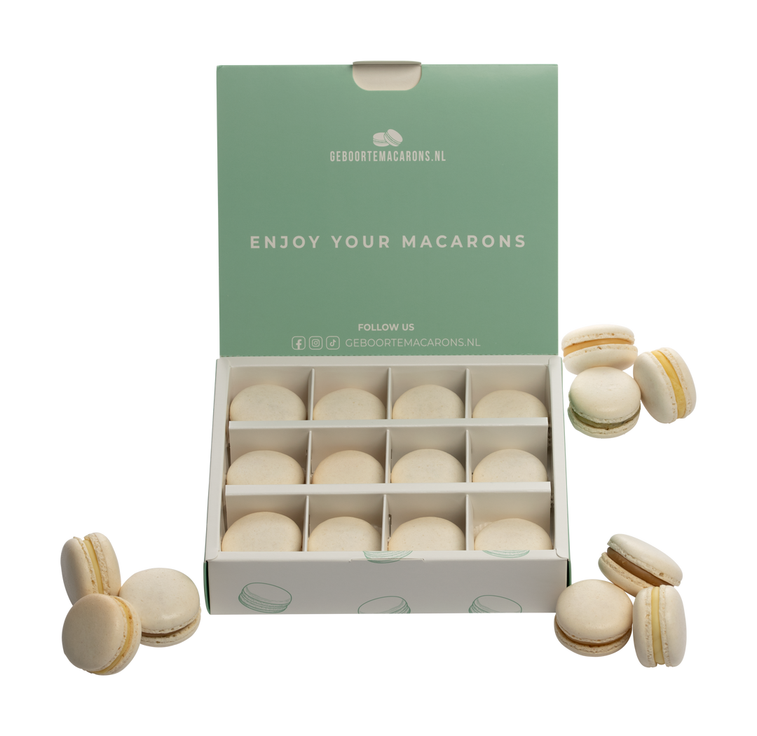 Geboorte macarons Wit/ Beige - 12 stuks GeboorteMacarons.nl