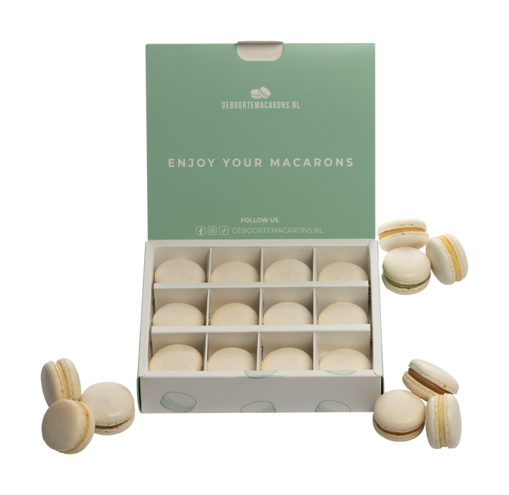 Geboorte macarons Wit/ Beige - 12 stuks GeboorteMacarons.nl