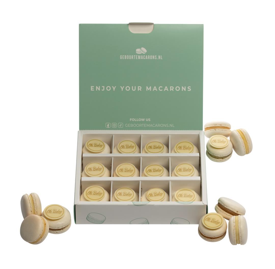 Geboorte macarons wit/ beige - Oh Baby - 12 stuks GeboorteMacarons