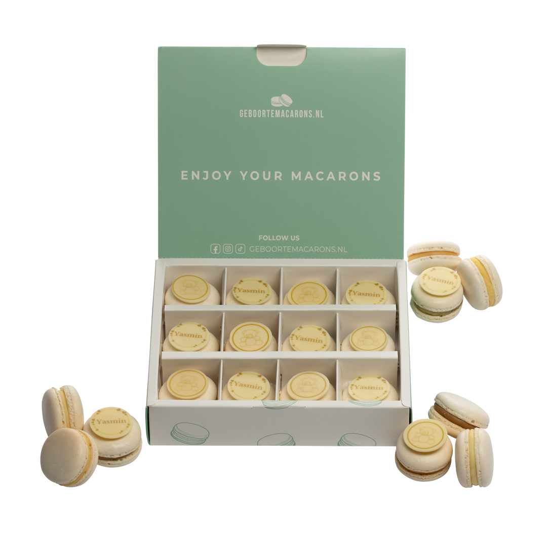 Geboorte macarons wit/ beige beertjes & naam gemixt - 12 stuks GeboorteMacarons