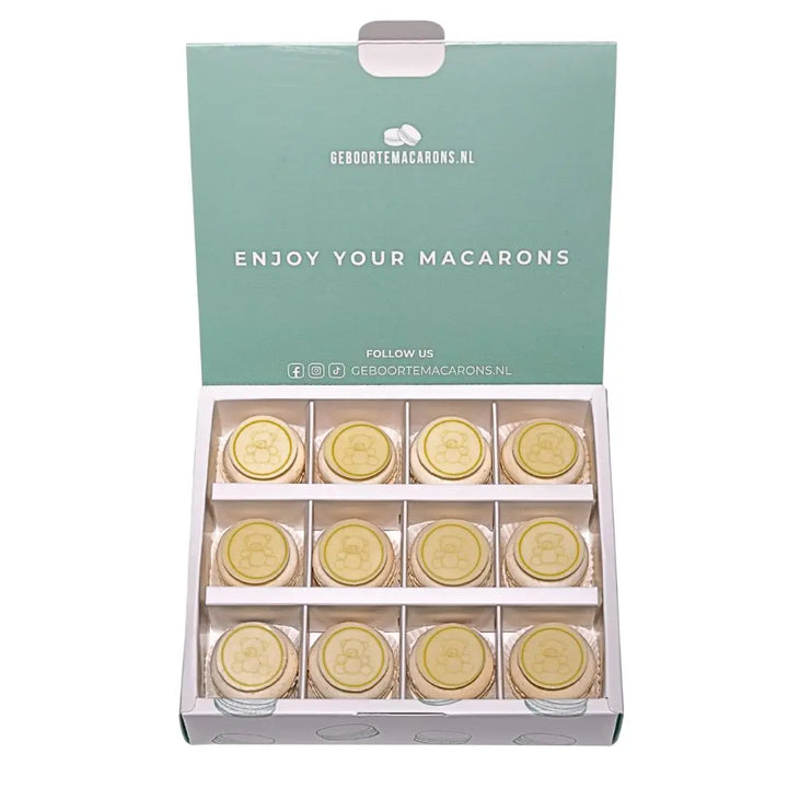Geboorte macarons wit/ beige beertjes thema - 12 stuks GeboorteMacarons